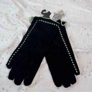 Vintage Suede Leather Gloves – Women’s Medium, Black with Green Stitching, NOS